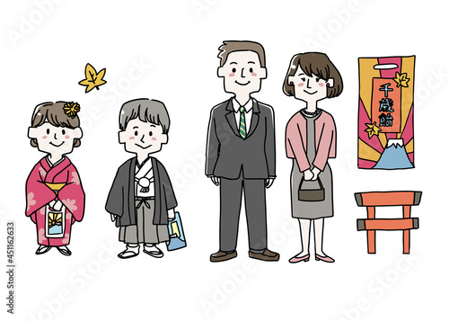 七五三の着物を着た子供と両親、千歳飴と鳥居のイラストセット