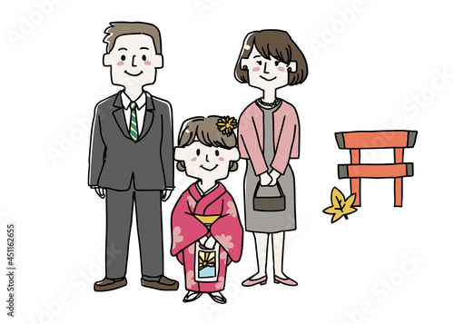 鳥居と七五三の着物を着ている女の子と両親