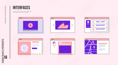 Set of user interface elements, UI and UX theme. Wireframe prototyping system for web and mobile projects. Site page interface. Development of computer technology. Vector flat illustration.