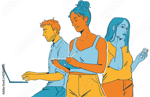 Groupe de personne équipe, différents profils collaborants ensemble. Associés et collaborateurs, aux compétences spécifiques, travaillants en équipe.