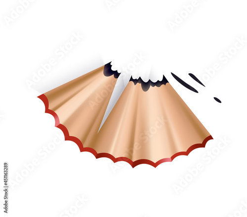 Pencil shavings with graphite rod. Color cartoon icon for web design. Realistic design of isolated item on white background, vector illustration