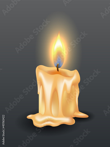 Burning candle with dripping or flowing wax. Yellow candle with golden flame. Lit and melted wax. Illustration of beautiful glowing candle on dark background