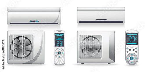 Air conditioner system - realistic set with cooling or heating equipment. Electronic appliance or device to clean, freshen and circulate air. Color indoor and outdoor units. Icon on white background
