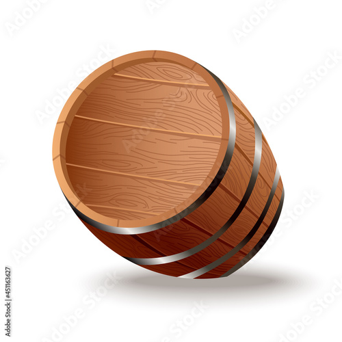 Realistic wooden barrel. Isolated oak cask with timber body with iron rings on white background. Vector realistic keg for whiskey, rum, cognac, wine, beer, kvass or other drinks