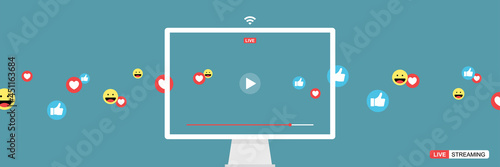 computer display screen with online live streaming, video player interface and full of positive feedbacks, like icon, love icon and smile icon, concept of social media and work from home as new normal