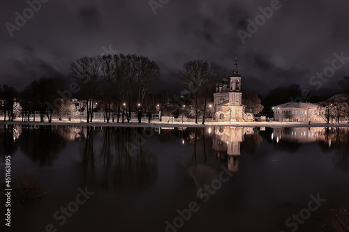 night landscape church near russia river, abstract historical landscape architecture christianity in russia tourism