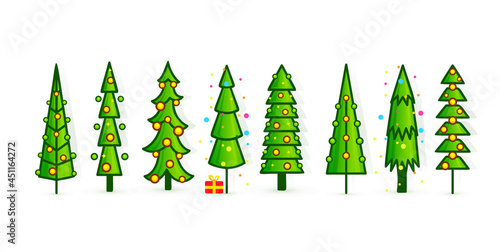Christmas tree vector icons set, new year pine icon with balls decorated. Vector illustration