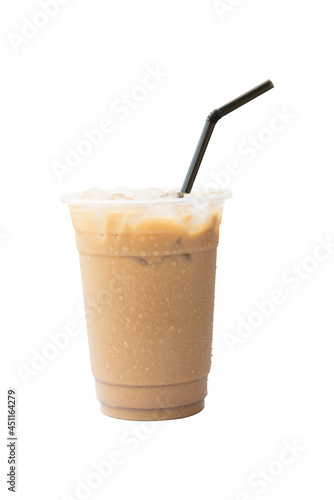 Iced coffee on plastic cup  isolated  white background