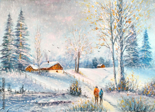 Original oil painting The winter cottage 