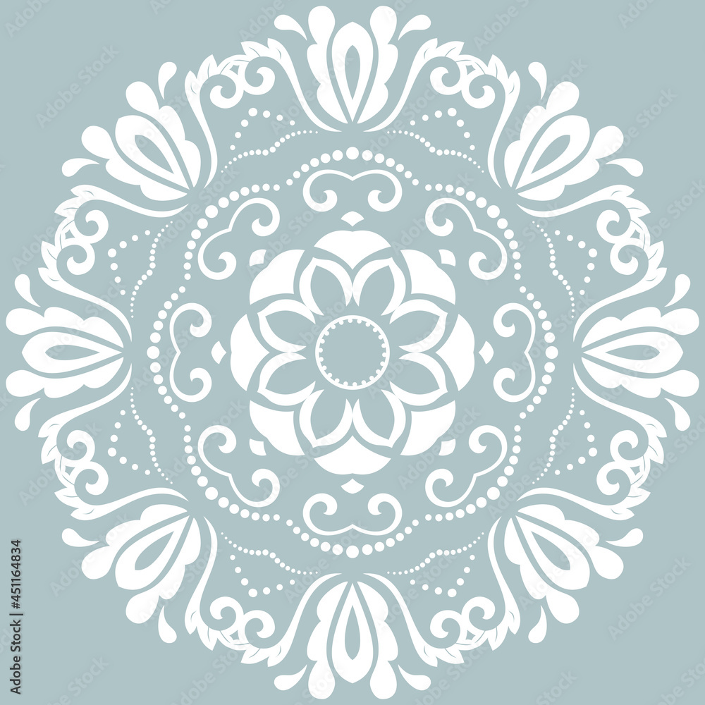 Oriental vector pattern with arabesques and floral elements. Light blue and white traditional classic ornament. Vintage pattern with arabesques