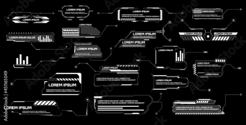 Callouts titles. Callout bar labels, information call box bars and modern digital info. Tech digital info boxes hud templates. Futuristic set advertising communication. Vector illustration