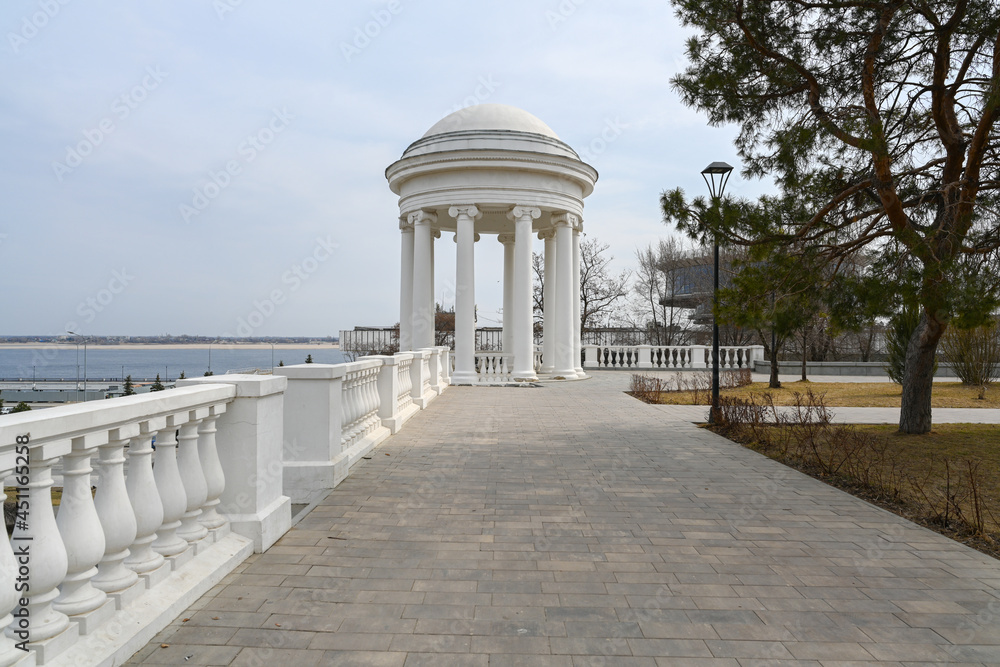 View of the Rotunda of the central embankment of the city of Volgograd named after the 62nd Army, bank of the Volga river.