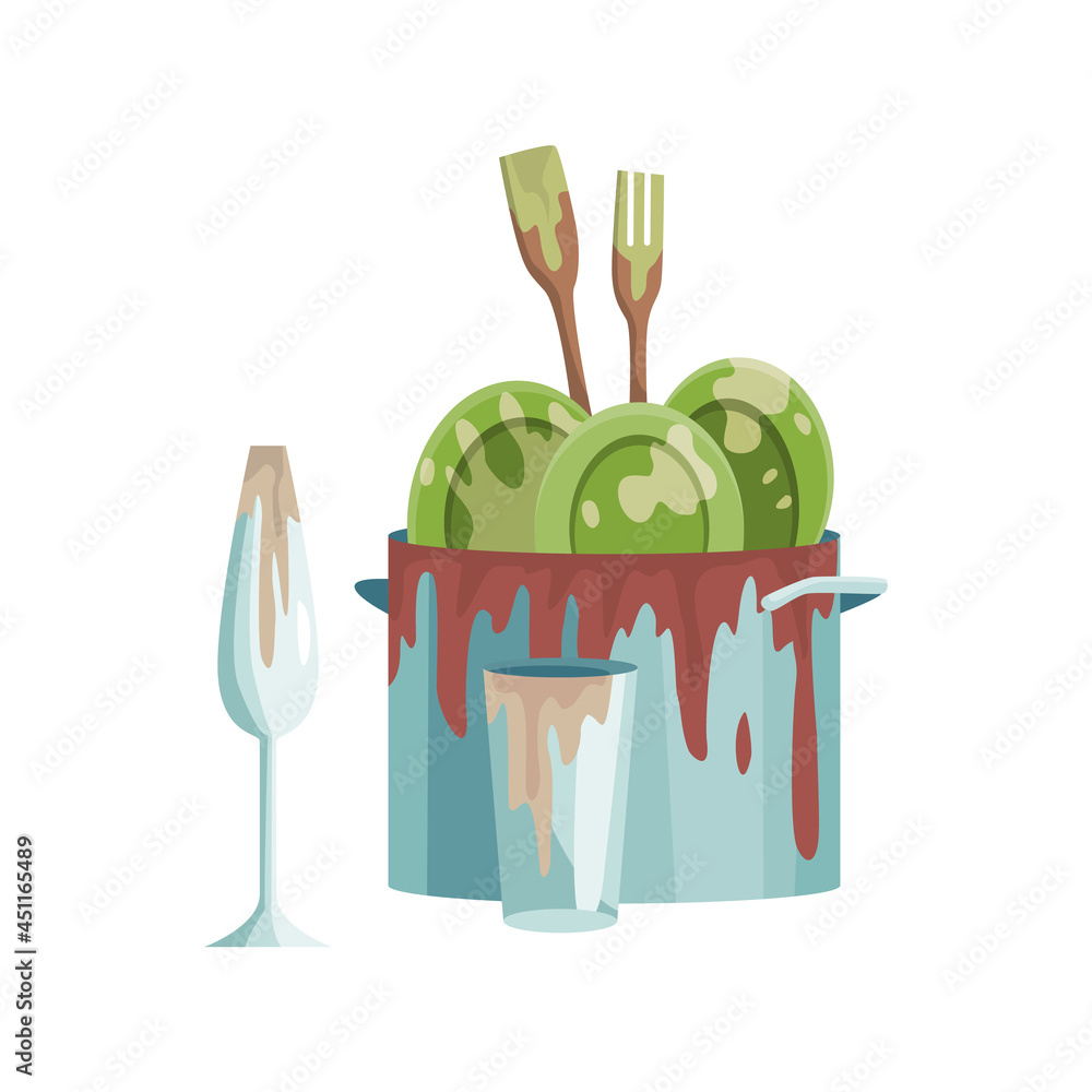 Dirty dishes plates and cups saucepan with remains fat stains. Stack of dirty kitchen utensil and dinnerware vector flat set for web design. Household and kitchenware concept Dirty dishes plates and cups saucepan with remains fat stains. Stack of dirty kitchen utensil and dinnerware vector flat set for web design. Household and kitchenware concept
