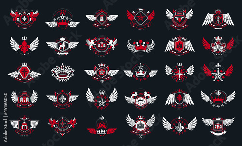 Classic style emblems big set, ancient heraldic symbols awards and labels collection, classical heraldry design elements, family or business emblems.