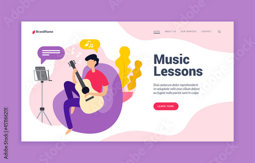 Music web lessons. Course in music art with online teacher. Setting up and using melodic instrument. Remote teaching of creative guitar playing with different techniques. Vector home page flat banner
