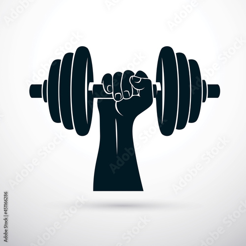 Vector illustration of athletic sportsman arm holding dumbbell. Fitness workout.
