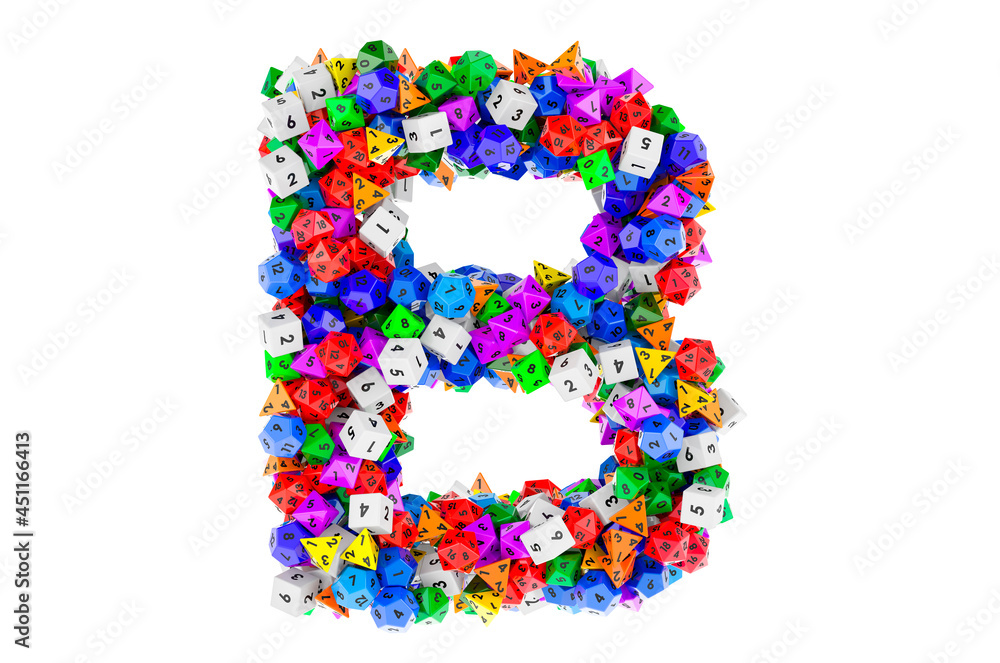 Alphabet letter B, from colored roleplaying dice. 3D rendering Alphabet letter B, from colored roleplaying dice. 3D rendering