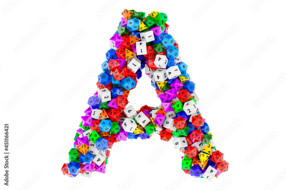 Alphabet letter A, from colored roleplaying dice. 3D rendering Alphabet letter A, from colored roleplaying dice. 3D rendering