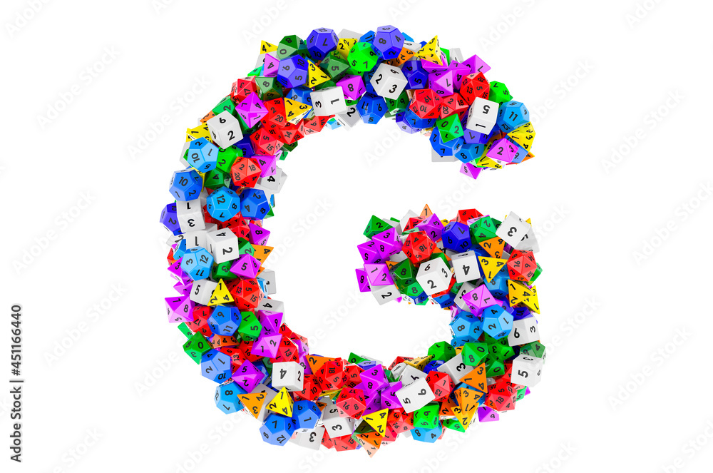 Alphabet letter G, from colored roleplaying dice. 3D rendering Alphabet letter G, from colored roleplaying dice. 3D rendering