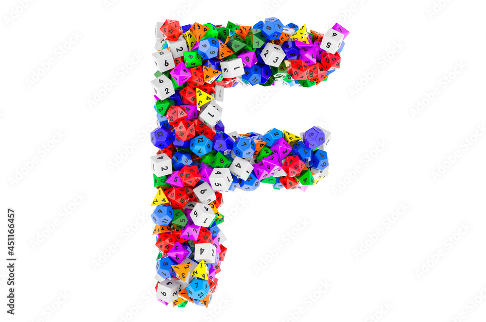 Alphabet letter F, from colored roleplaying dice. 3D rendering Alphabet letter F, from colored roleplaying dice. 3D rendering