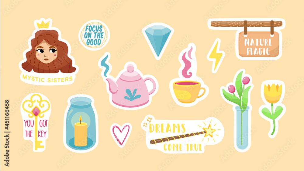 Natural magic set of childrens stickers. Little sorceress with crown ...