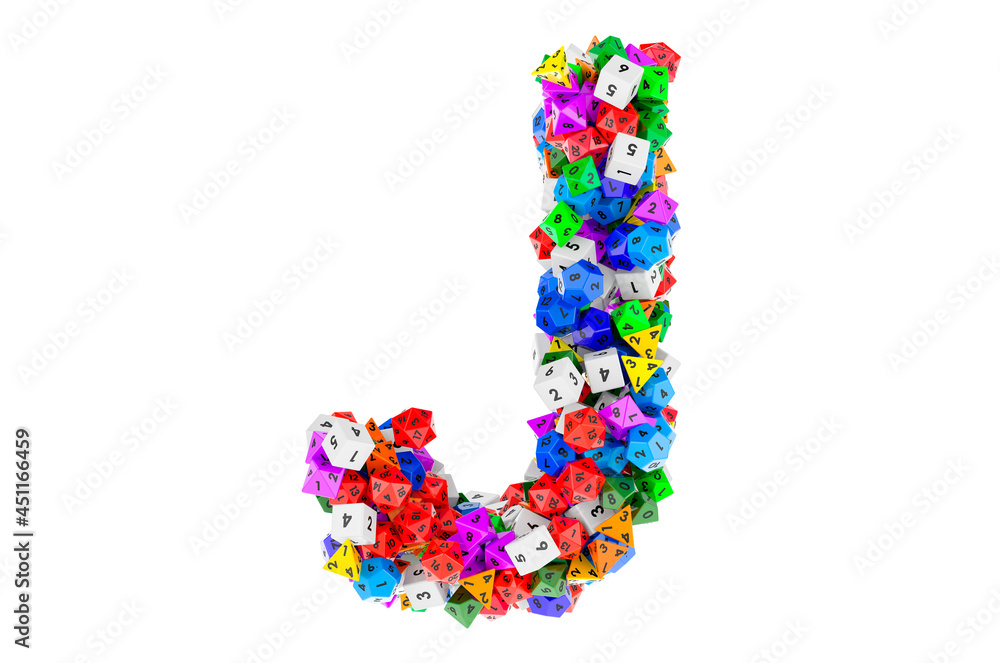 Alphabet letter J, from colored roleplaying dice. 3D rendering Alphabet letter J, from colored roleplaying dice. 3D rendering