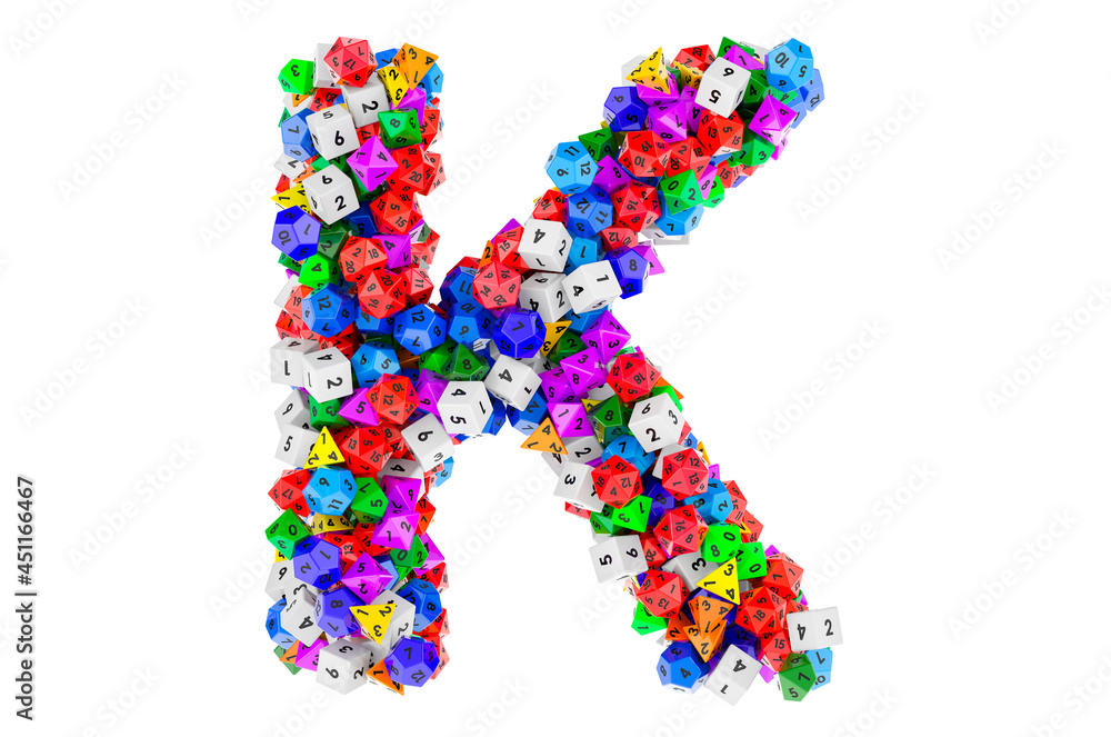 Alphabet letter K, from colored roleplaying dice. 3D rendering Alphabet letter K, from colored roleplaying dice. 3D rendering