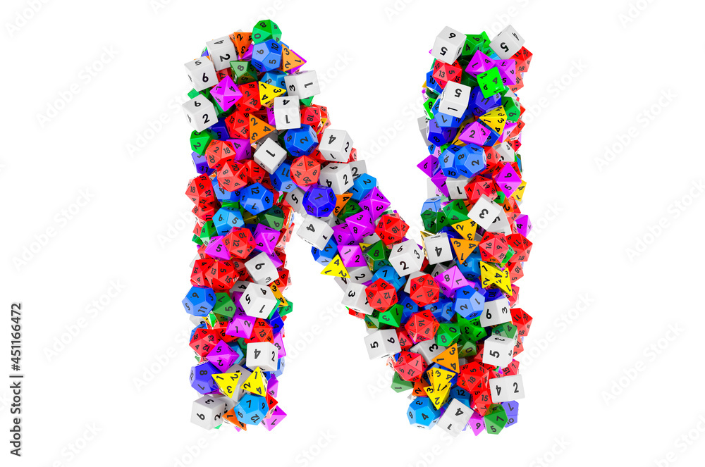 Alphabet letter N, from colored roleplaying dice. 3D rendering Alphabet letter N, from colored roleplaying dice. 3D rendering