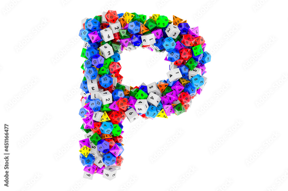 Alphabet letter P, from colored roleplaying dice. 3D rendering Alphabet letter P, from colored roleplaying dice. 3D rendering