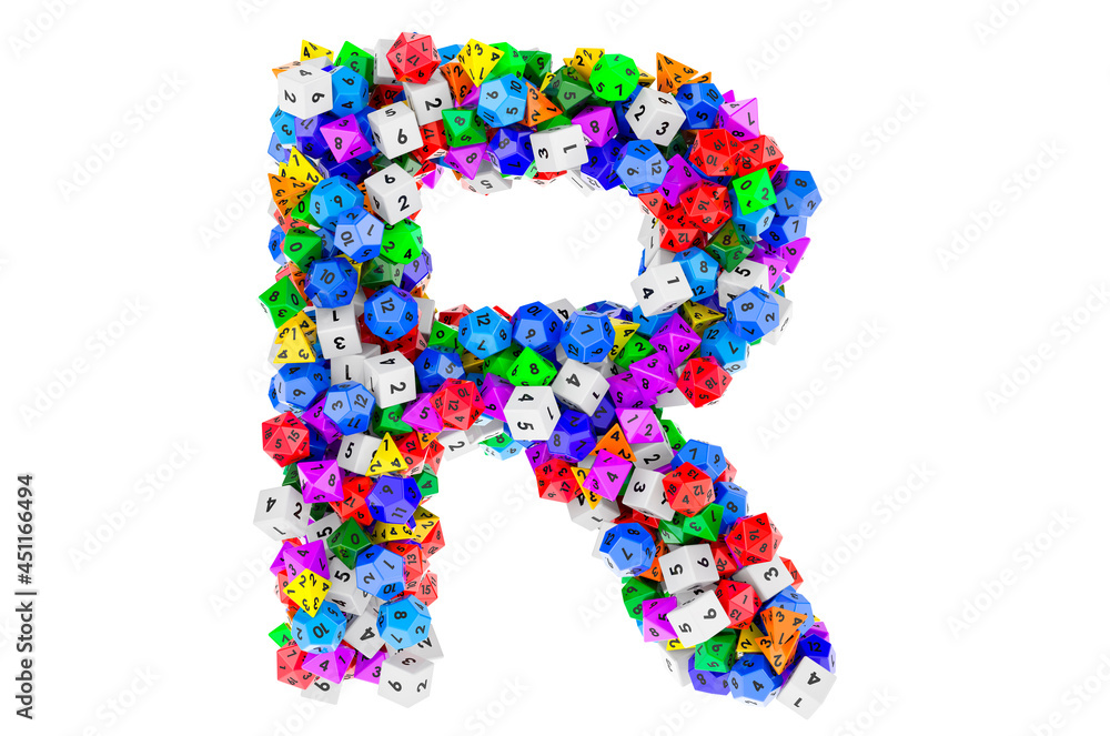 Alphabet letter R, from colored roleplaying dice. 3D rendering Alphabet letter R, from colored roleplaying dice. 3D rendering