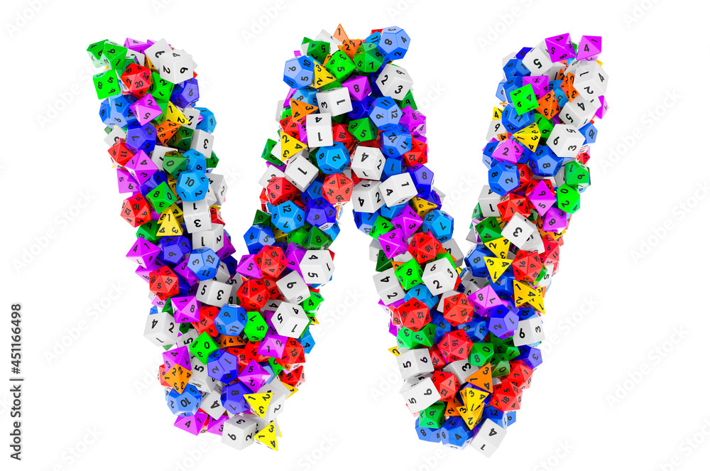 Alphabet letter W, from colored roleplaying dice. 3D rendering Alphabet letter W, from colored roleplaying dice. 3D rendering