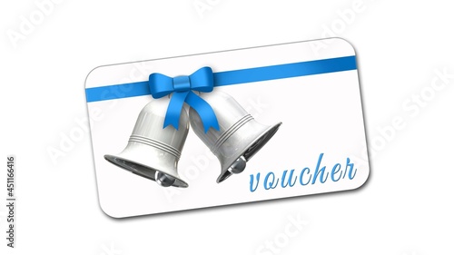 Voucher card in christmas design with blue ribbon bow and silver bells isolated on white background with shadow minimal concept - 3D Illustration