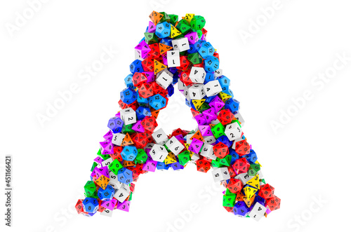 Alphabet letter A, from colored roleplaying dice. 3D rendering