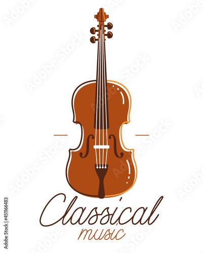 Classical music emblem or logo vector flat style illustration isolated  cello logotype for recording label or festival or musical orchestra.