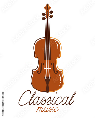 Classical music emblem or logo vector flat style illustration isolated, cello logotype for recording label or festival or musical orchestra.