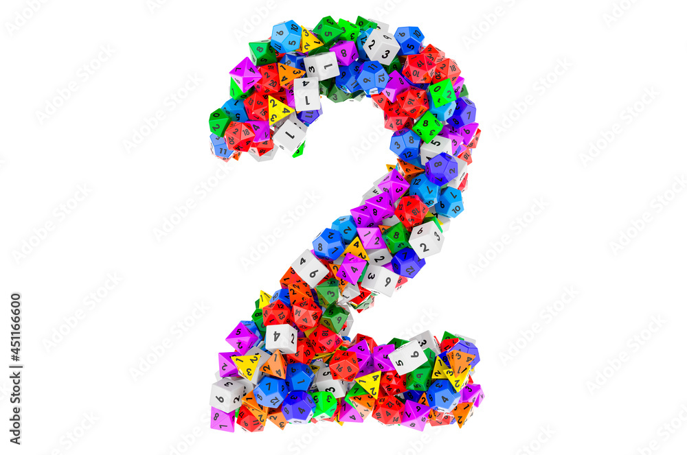 Number 2, from colored roleplaying dice. 3D rendering Number 2, from colored roleplaying dice. 3D rendering