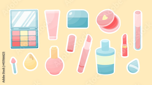 Cosmetic accessories sticker. Glamorous red lipstick and tonal cream tubes. Colored eye shadow with powder box and skin lotion. Professional face and skin care. Vector cartoon label
