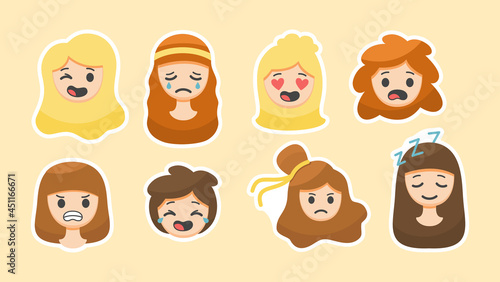 Cute grimaces emotions stickers. Mischievous and sad faces of girls. Falling in love and surprised amazement with stylish hairstyle. Anger and depressed state. Relaxing sleep. Vector cartoon label