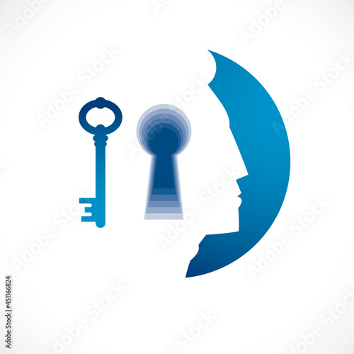 Psychology and mental health concept, created with man head profile and keyhole, psychoanalysis as a key to human nature, individuality and psychic problems. Vector logo or icon design.