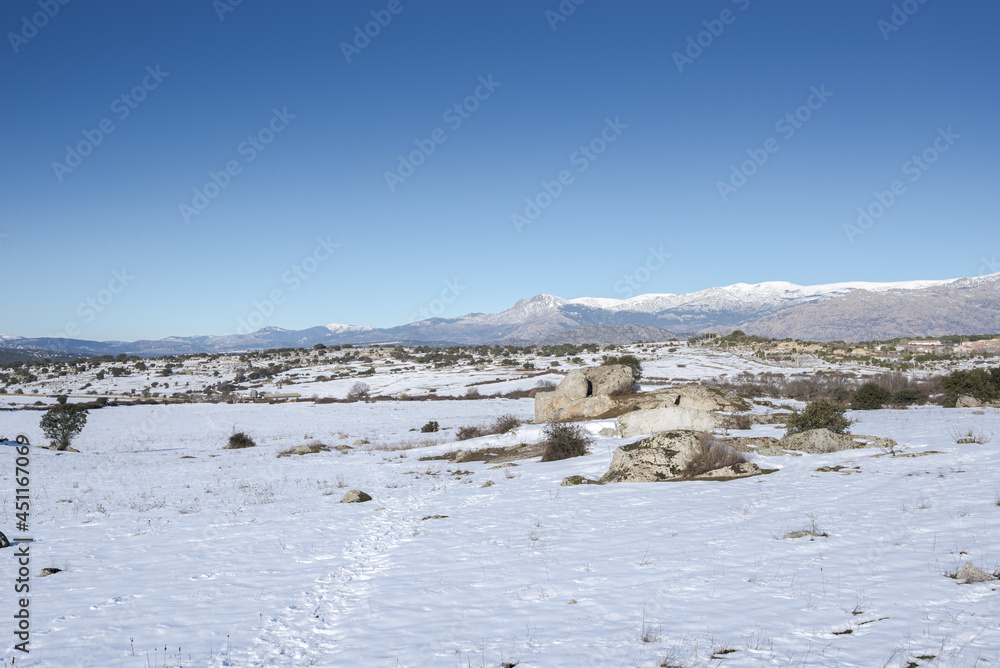Snowy landscape in the municipality of Colmenar Viejo, Spain, after the storm Filomena