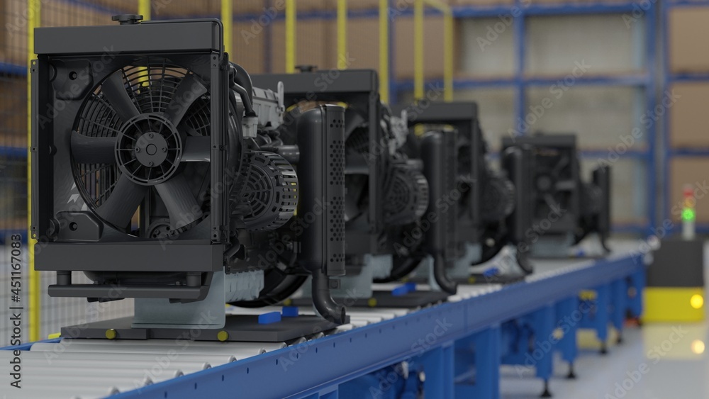 Factory 4.0 concept: View of engine on supply conveyer in smart factory. 3D illustration Factory 4.0 concept: View of engine on supply conveyer in smart factory. 3D illustration