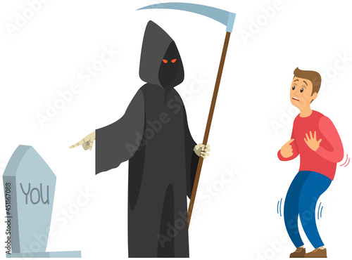 Male character suffering from fear of death near skeleton in hoodie with scythe isolated on white background. Death with scythe in black cloak scares man. Guy looking at tombstone is afraid to die