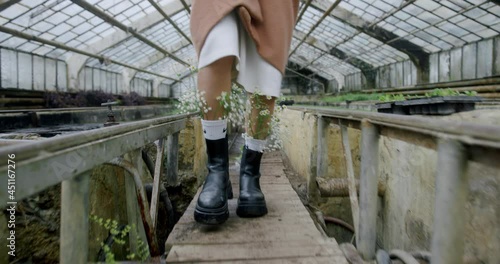 Woman legs in boots with flowers in socks walks in greenhouse.  photo