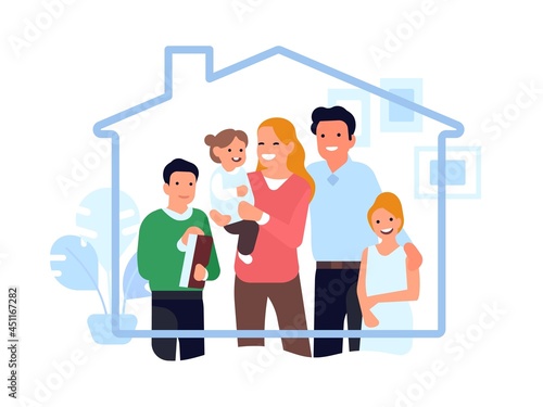 Stay at home family. Indoor virus protection, family is safe under roof house, happy parents and children, couple with kids. Vector concept