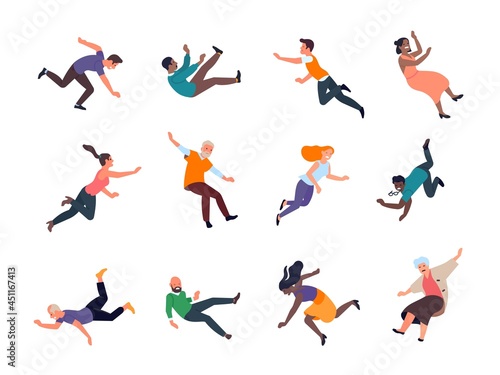 Falling people. Stumbling and slipped women and men different poses, dangerous traumatic situations, common accidents on walk. Vector set