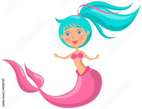 Beautiful mermaid on white background. Girl with fish tail. Water nymph, cute nixie. Cartoon nautical character lives in ocean. Sea dweller, seamaid fairy woman. Underwater animal life