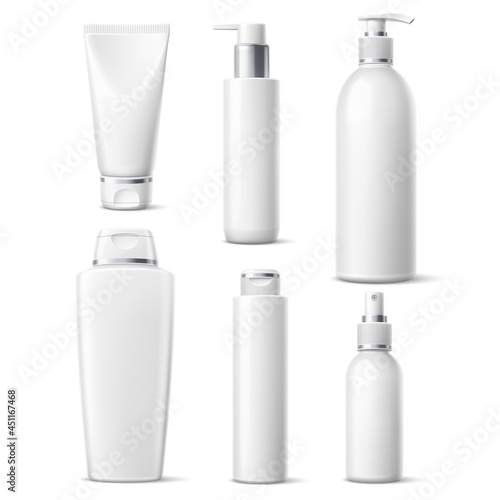Realistic cosmetic bottles. Blank white plastic containers mockup with silver elements, beauty products package with dispensers. Vector set