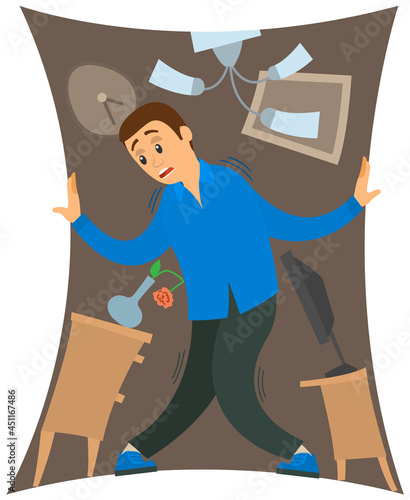 Man suffering from fear of closed narrow rooms. Frightened guy standing in shrinking little room, apartment. Person with claustrophobia, fear of enclosed spaces isolated on white background