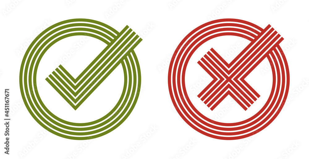 Check mark tick and cross vector linear symbols isolated on white, yeas and no, correct and wrong, choosing option. Check mark tick and cross vector linear symbols isolated on white, yeas and no, correct and wrong, choosing option.