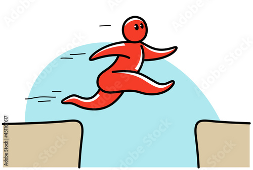 Funny cartoon man jumping though gap vector flat style illustration isolated on white, cute and positive small guy drawing or icon.